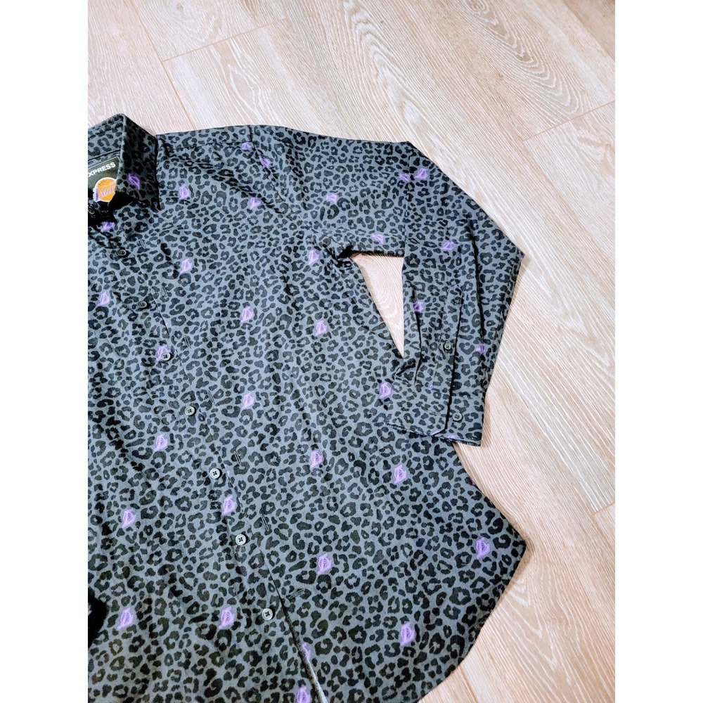 Lakers Button Down Leopard Print Shirt Mens Size S Slim Gray Black Long Sleeve - Picture 4 of 6